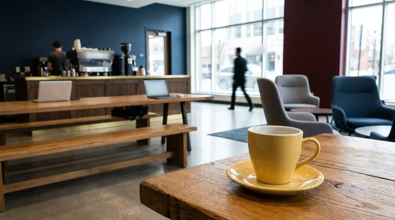 A bright cafe-style bank lounge with wooden tables, a coffee bar, armchairs and a yellow cup up front.
