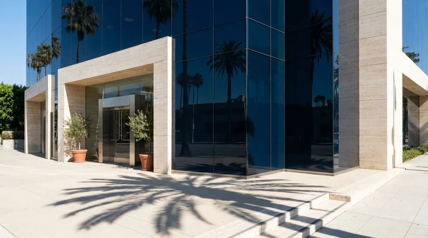 The corner of a modern bank branch in Los Angeles: navy glass, pale stone, potted olive trees by the entrance and palm shadows on the sidewalk.