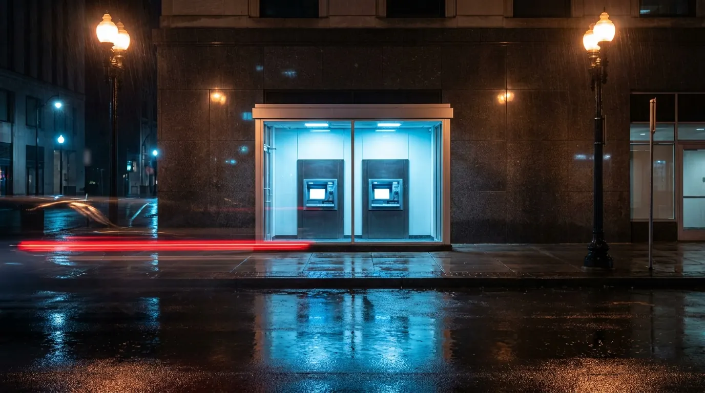 A glowing blue ATM lobby on a rain-soaked night street, with a red streak of tail lights along the curb.