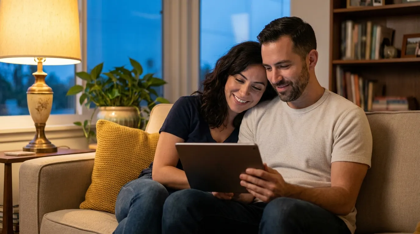A smiling couple on a sofa looks at a tablet together in warm evening lamplight.