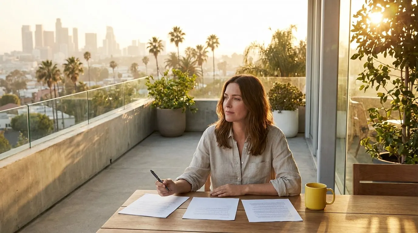 A woman reviewing three credit reports on a terrace in Los Angeles