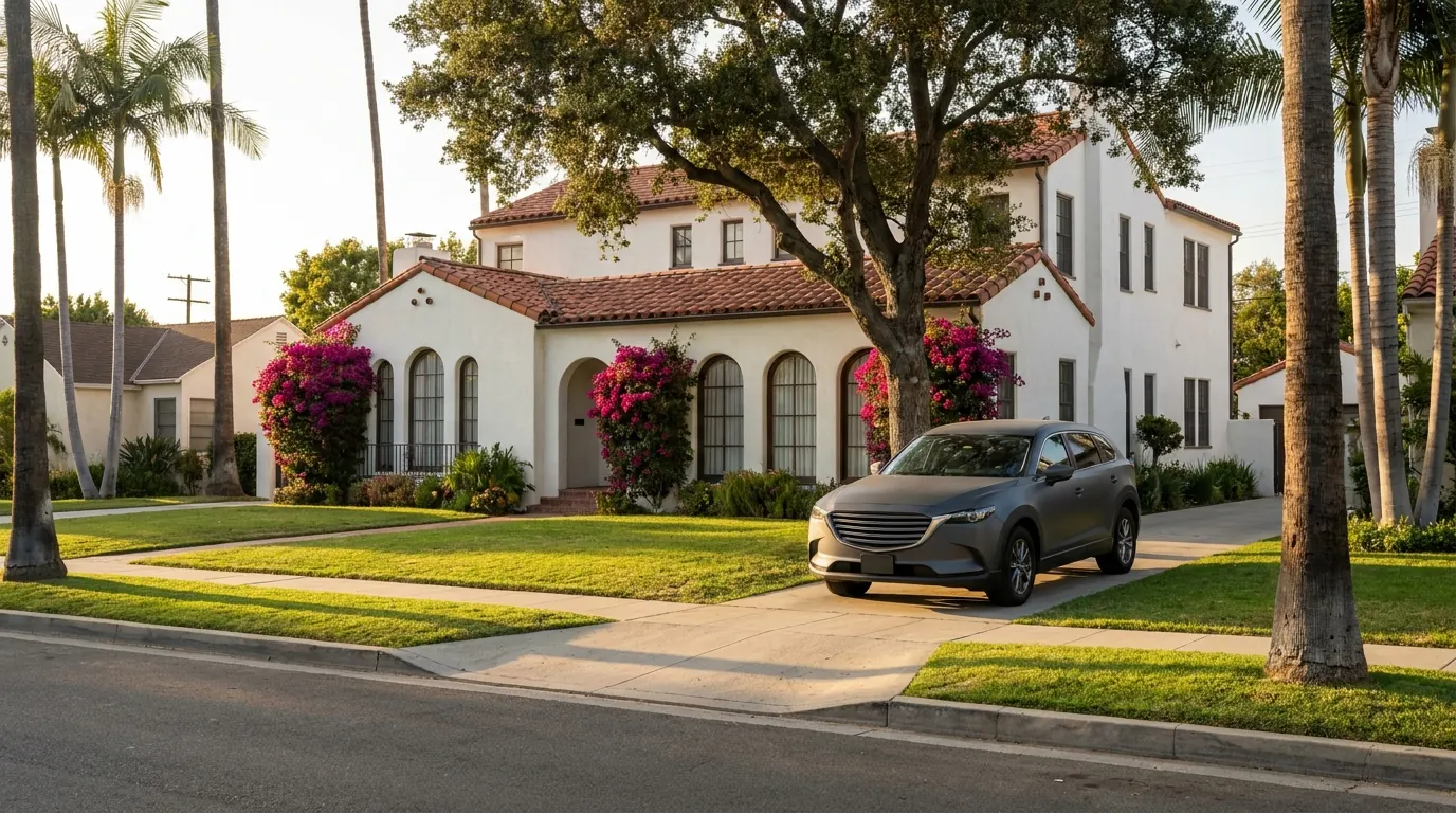 A white Spanish-style house with a tile roof and blooming bougainvillea, a grey crossover in the driveway and palm trees along the street.
