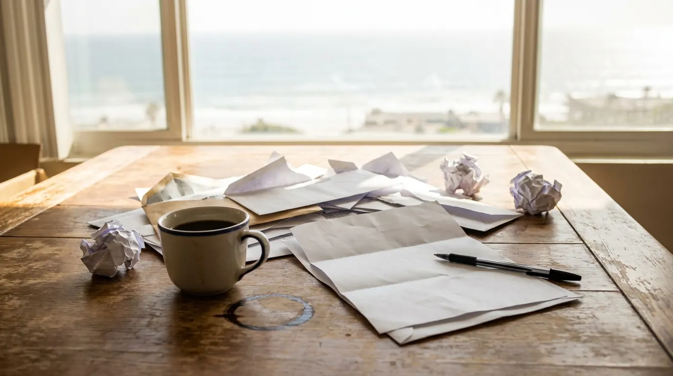 Opened envelopes and crumpled letters cover a wooden table beside cold coffee and a pen, the ocean outside.