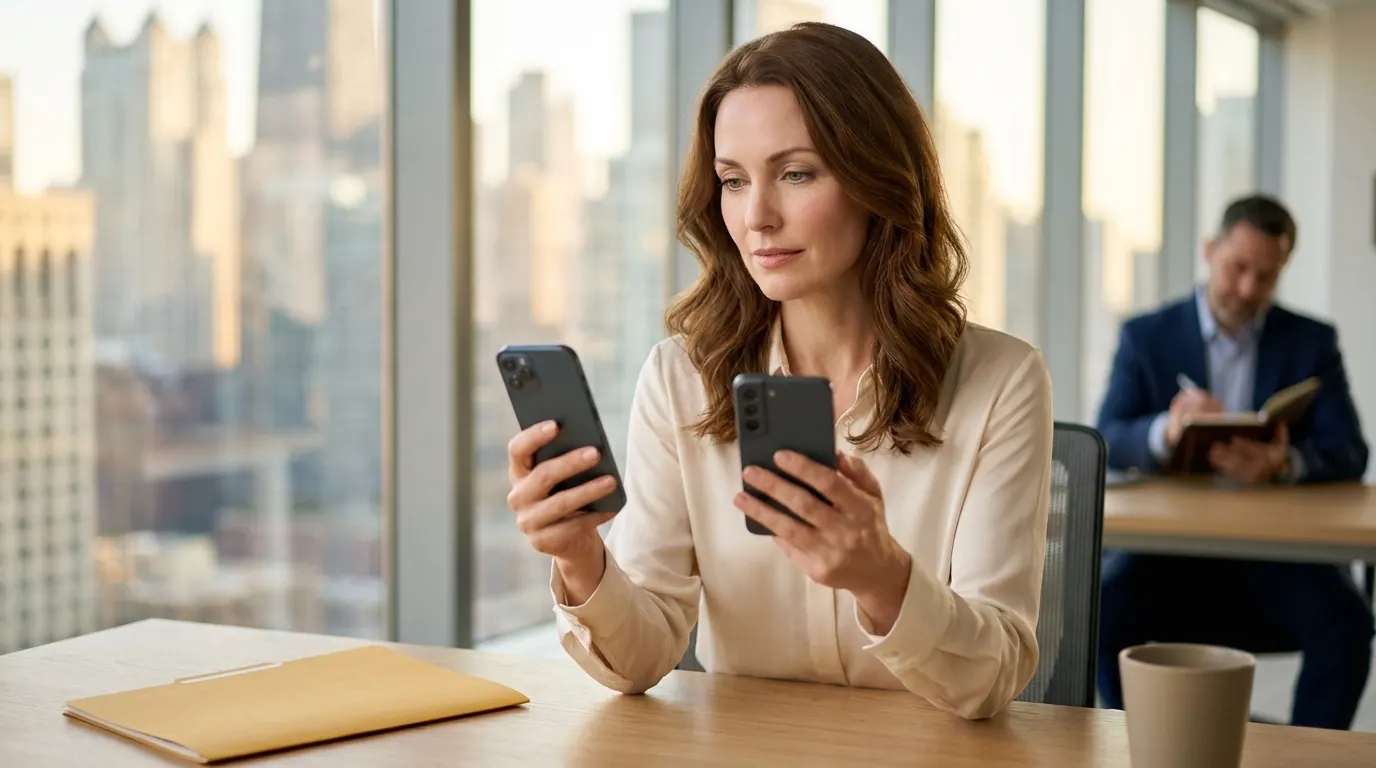 A woman at a mortgage broker’s office in Chicago compares credit scores on two phones