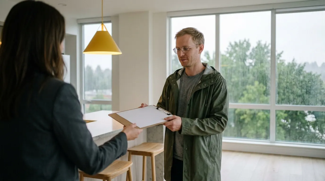 A man in glasses and an olive raincoat takes a tablet with a blank application from a leasing agent in a new apartment in Portland: before renting him the place, the landlord will check his credit score.