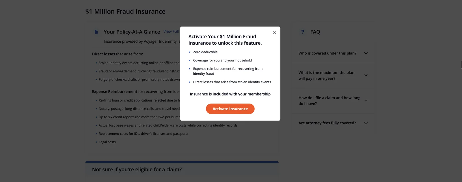 Кнопка Activate Insurance: страховка вмикається одним натисканням